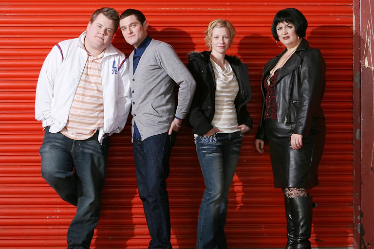 The characters from Gavin & Stacey standing against a red background.