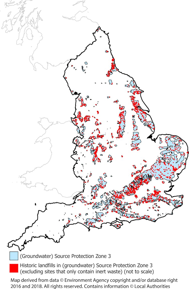 Map of England with red dots indicating historic landfills