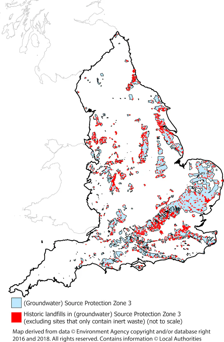 Map of England with red dots indicating historic landfills