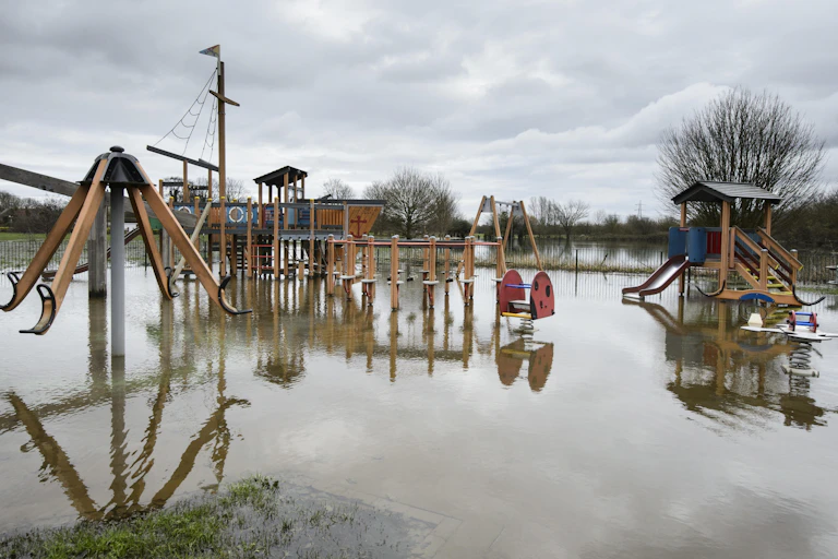 flooded playground, bare winter trees in background
