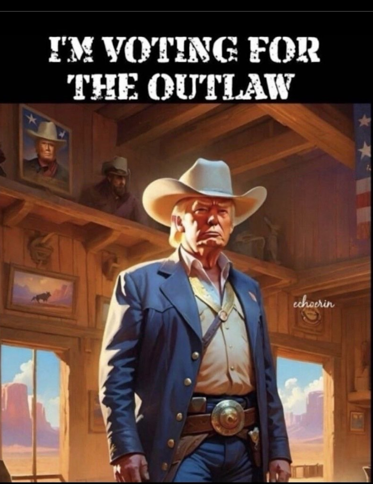 Donald Trump habillé en shérif avec la mention qu’une personne vote pour le criminel