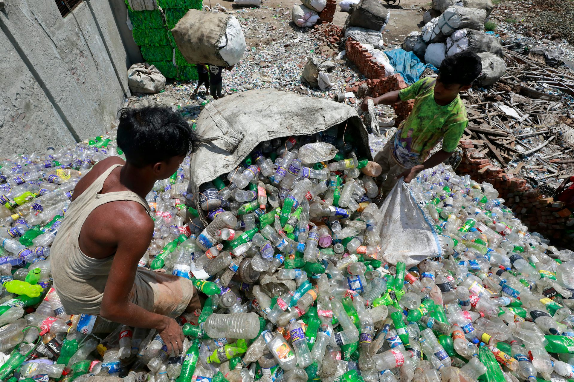 Young people are seen collecting or sorting discarded plastic bottles, which lie in piles.