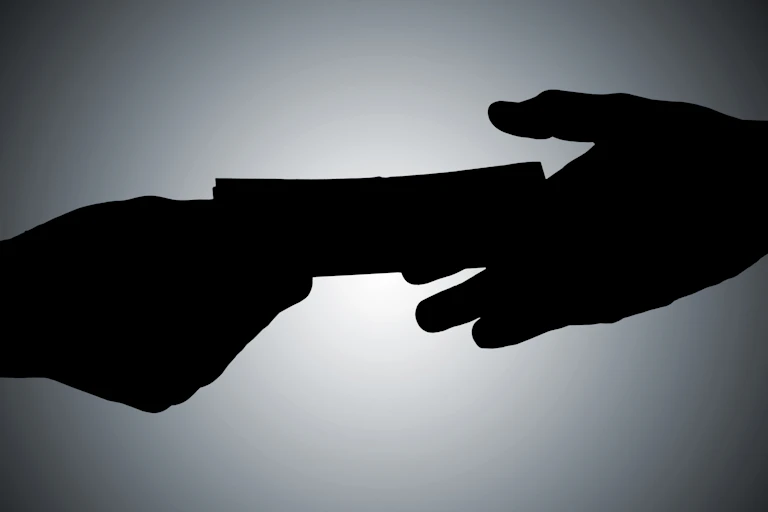 Silhouette of a hand accepting a bundle of paper cash from another hand