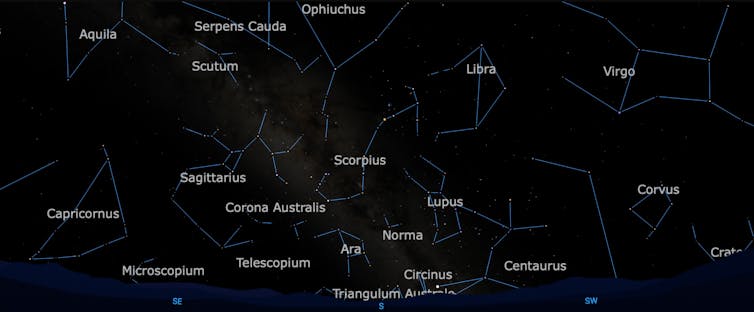 Screenshot from the software Starry Night Enthusiast showing the southern sky as seen from Honolulu on June 30 around 10:30. The constellation due south is Scorpius, which is referred to as Maui's fishhook by Hawaiians.