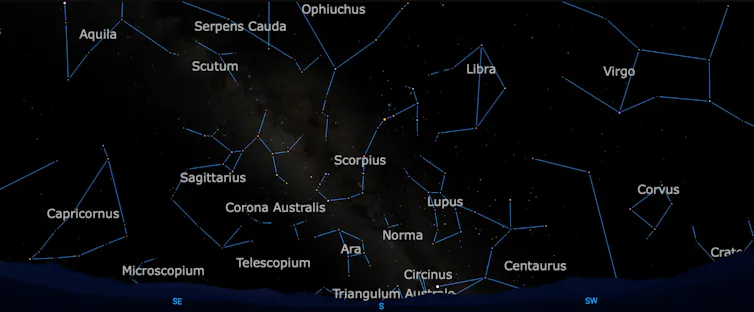 Screenshot from the software Starry Night Enthusiast showing the southern sky as seen from Honolulu on June 30 around 10:30. The constellation due south is Scorpius, which is referred to as Maui's fishhook by Hawaiians.