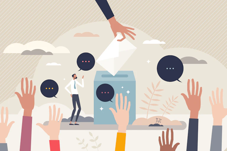 An illustration with various hands raised from the bottom and one hand coming in from the top to drop a piece of paper in a ballot box.