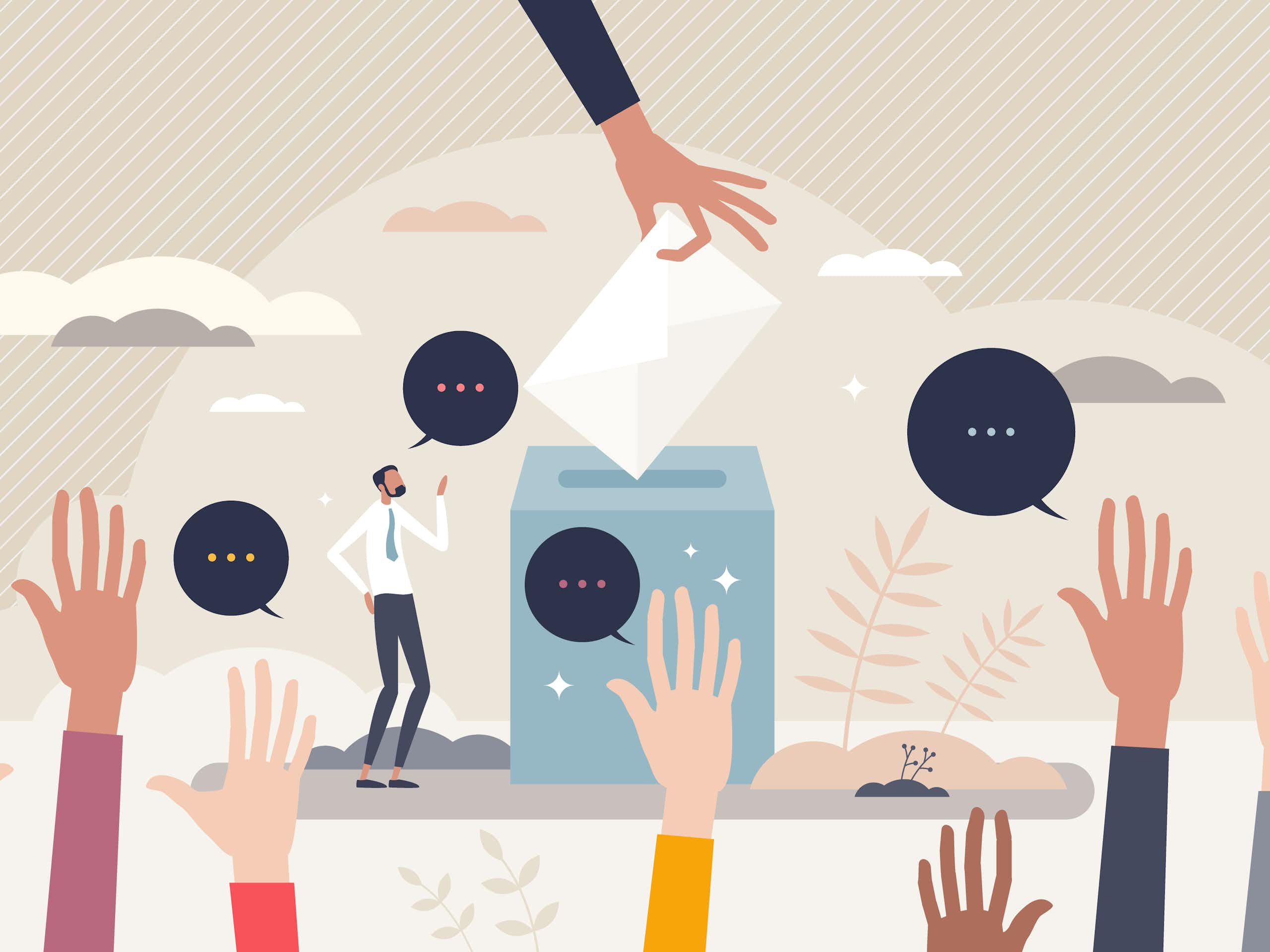 An illustration with various hands raised from the bottom and one hand coming in from the top to drop a piece of paper in a ballot box.