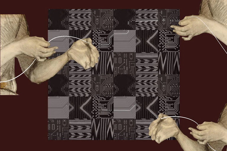 a series of hands stitching together series of motifs in a grid like pattern