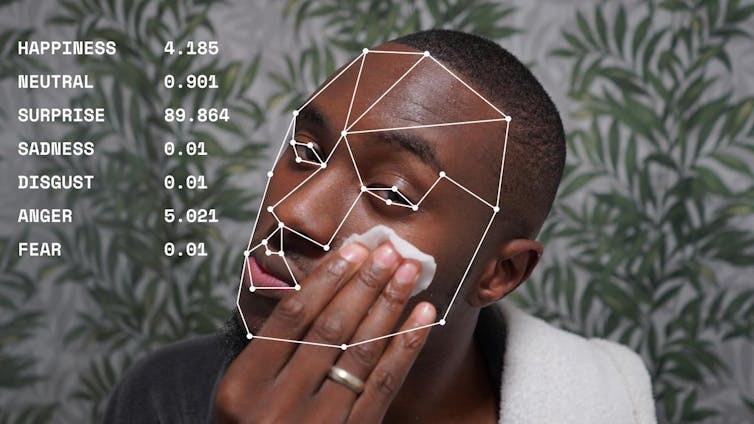 A man wiping his face. A graphic with lines overlaying the image. A series of emotions are listed on the left with numbers beside them.