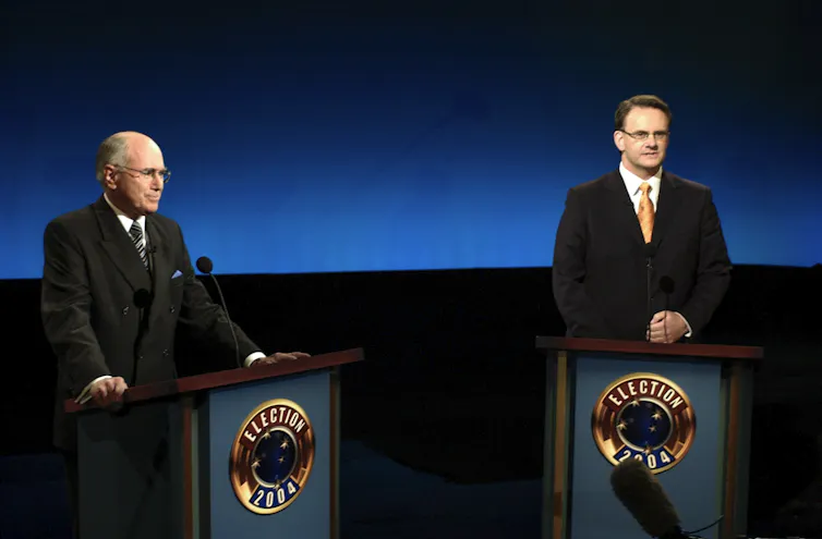 Prime Minister John Howard and Opposition Leader Mark Latham face off in the only televised debate of the 2004 federal election campaign, Channel Nine, Sydney, September 2004.