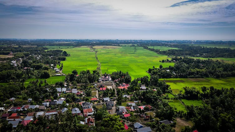 View of a village accompanied by rice fields in Sigli, Aceh, Indonesia