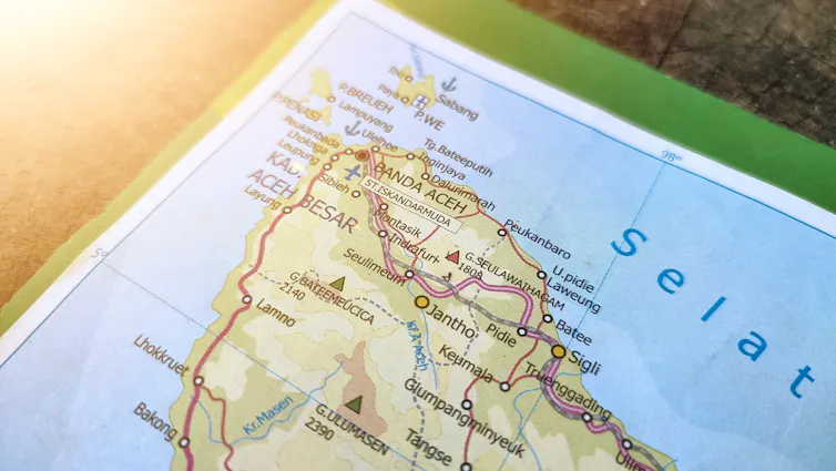 Map of Indonesia covering the districts of Aceh Besar, Banda Aceh and Sabang Island and several surrounding islands in Nanggroe Aceh Darussalam Province
