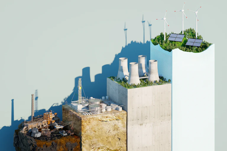 A graphic showing the change of old coal fired industry to green industry based on plants, solar and wind power