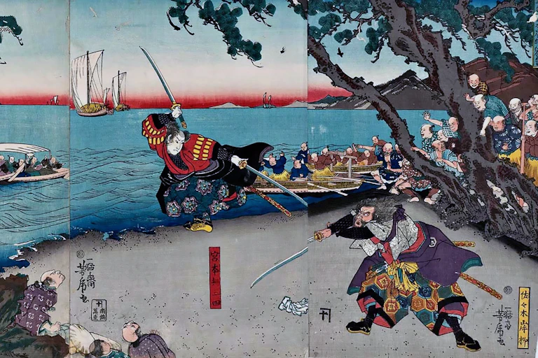 A brightly colored illustation of two men fighting with swords on a beach as a crowd of people look on.