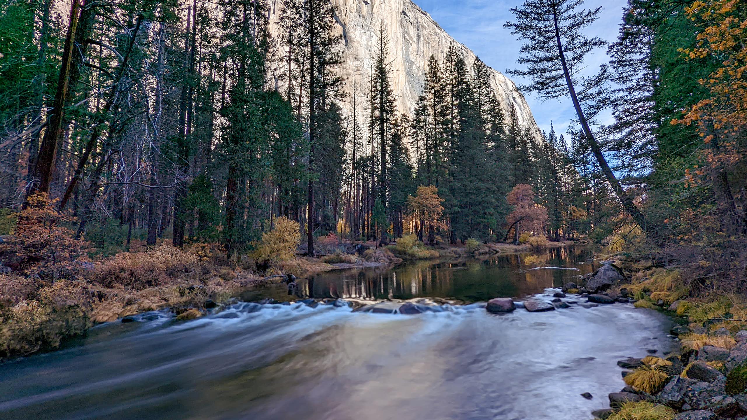 White cliffs tower over a river bordered by evergreen trees