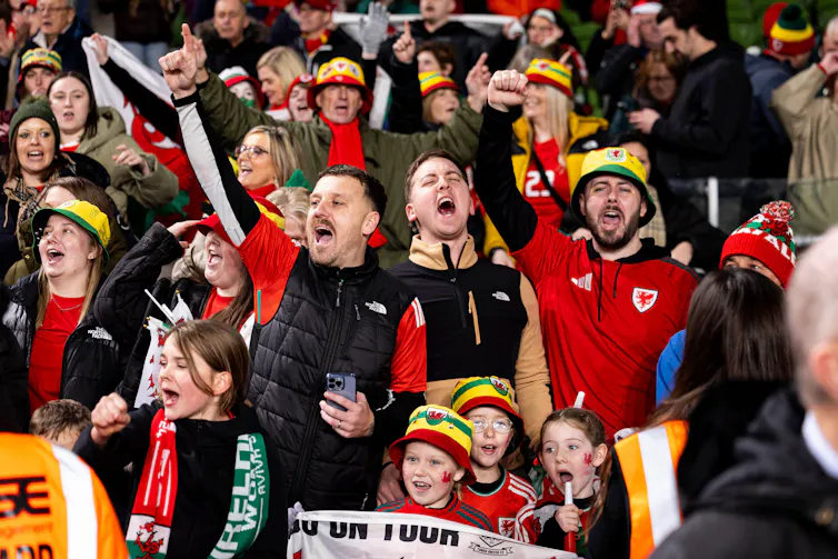 A group of Welsh football fans celebrate.