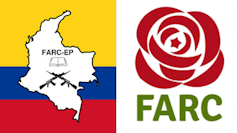 On the left, the flag of the FARC-EP which included two crossed rifles. The new flag, on the right, bears the image of a rose.