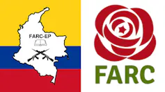 On the left, the flag of the FARC-EP which included two crossed rifles. The new flag, on the right, bears the image of a rose.