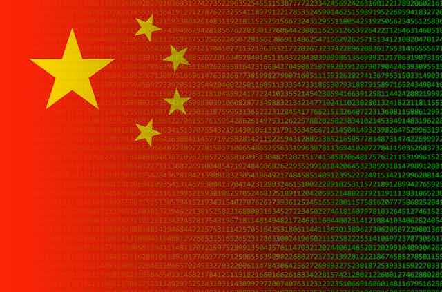 a red background with yellow stars that fades left to right to strings of green digits on a black background