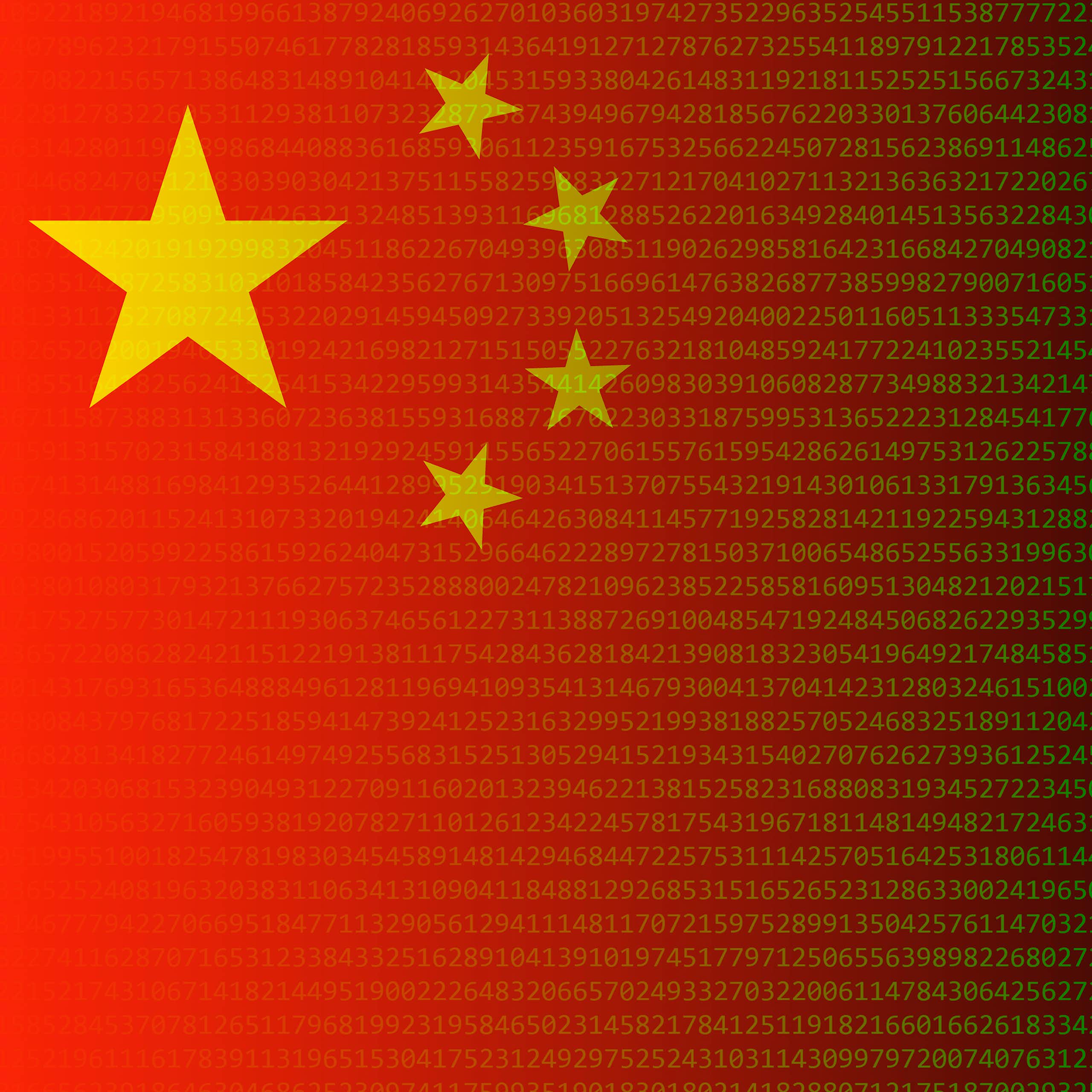 a red background with yellow stars that fades left to right to strings of green digits on a black background