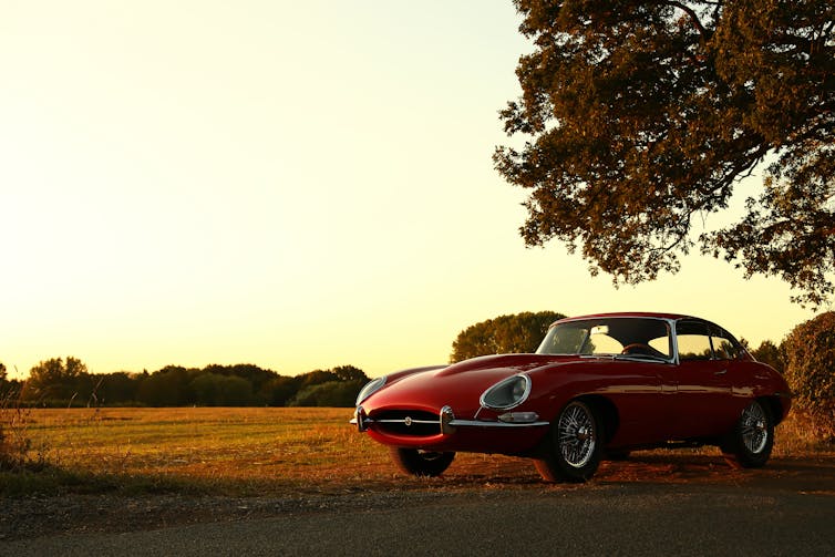 Red Jaguar E-type parked in a field.