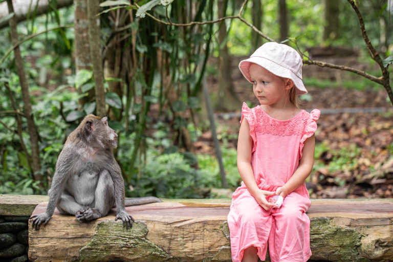 Macaco e menina sentados um ao lado do outro e olhando um para o outro