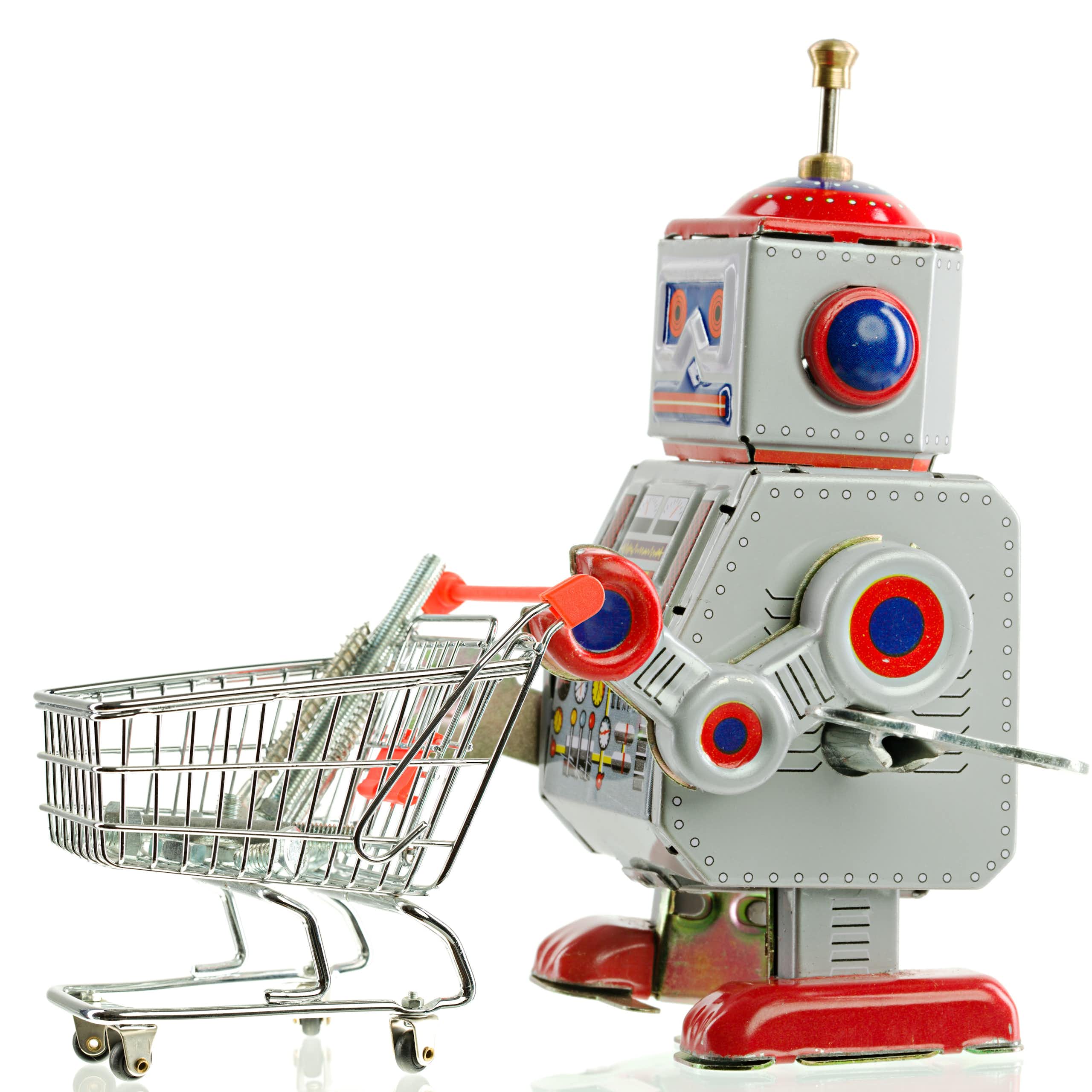 a toy robot pushes a toy shopping cart