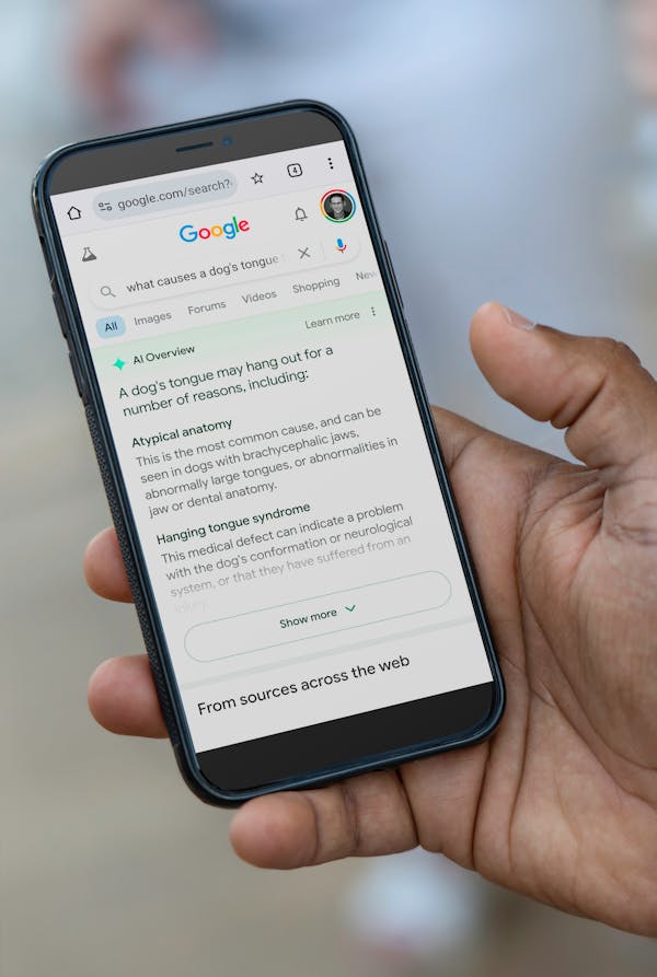 A smartphone screen displaying a Google search engine result with a section at the top of the search that says 'AI Overview' followed by an AI-generated response to a search