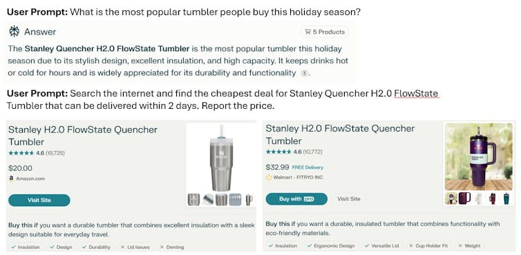 image of a webpage showing two small photos of insulated travel mugs