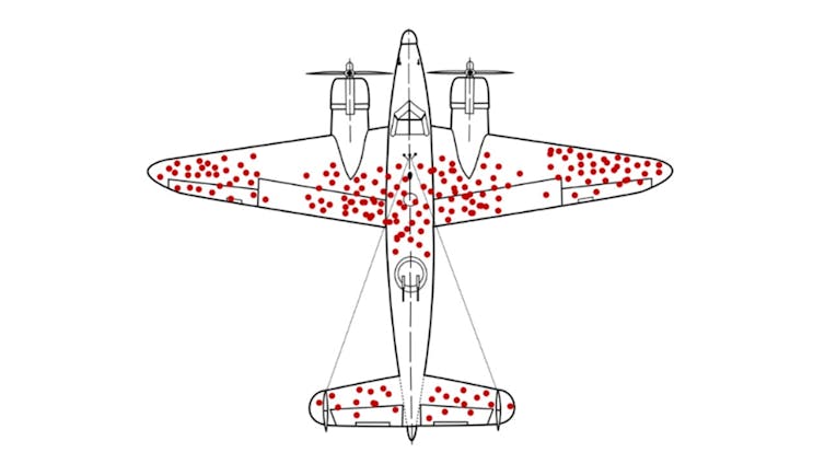 Diagram of an aircraft with clusters of red dots on the wing tips, tail and cockpit area