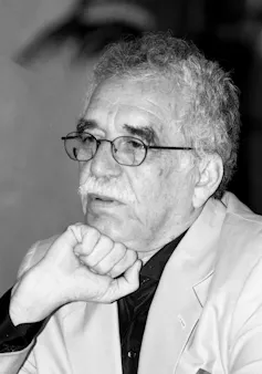 A black and white image of the author Gabriel Garcia Marquez.