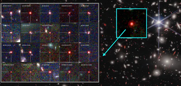 Una imagen de galaxias con varias rojas resaltadas en una serie de cuadros.