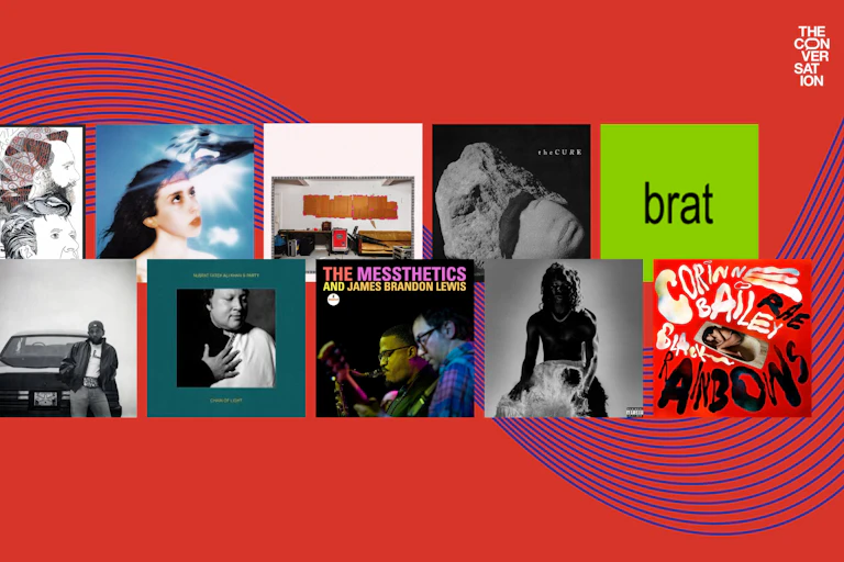 Ten album covers on a red background