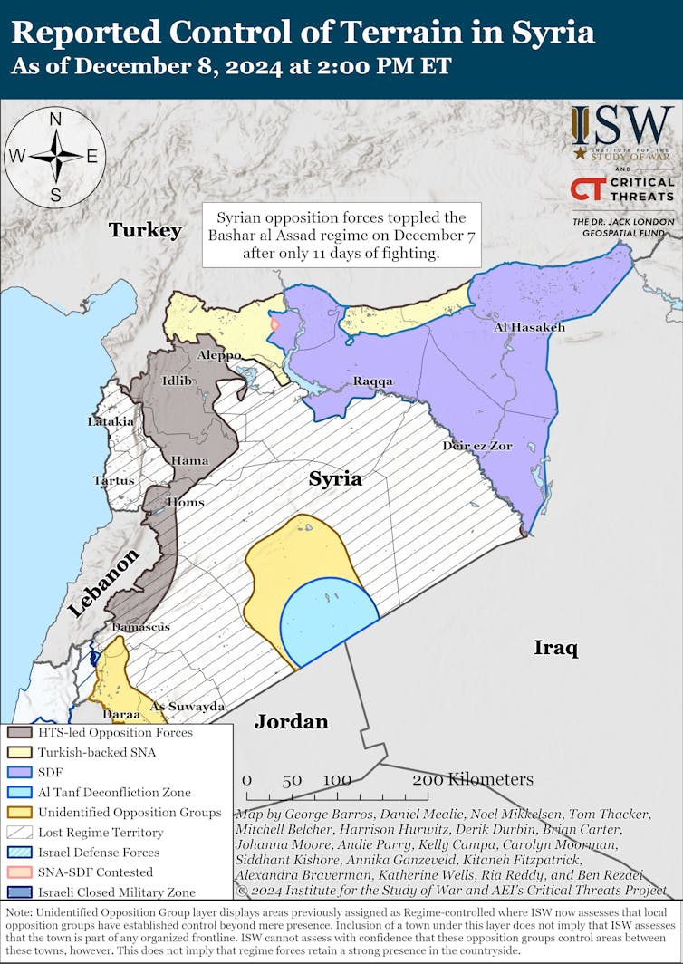 A map showing the reported control of terrain in Syria following the fall of the Assad regime.