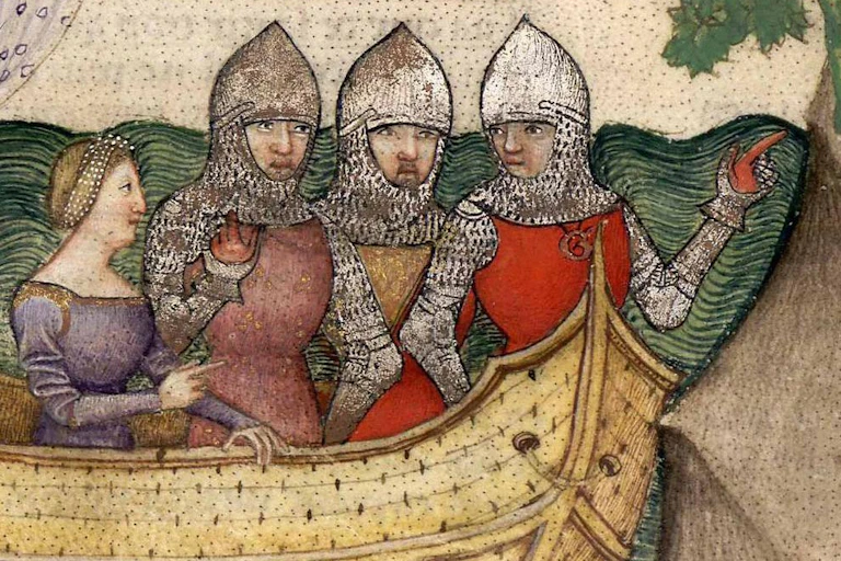 A medieval woman in a boat with soldiers.