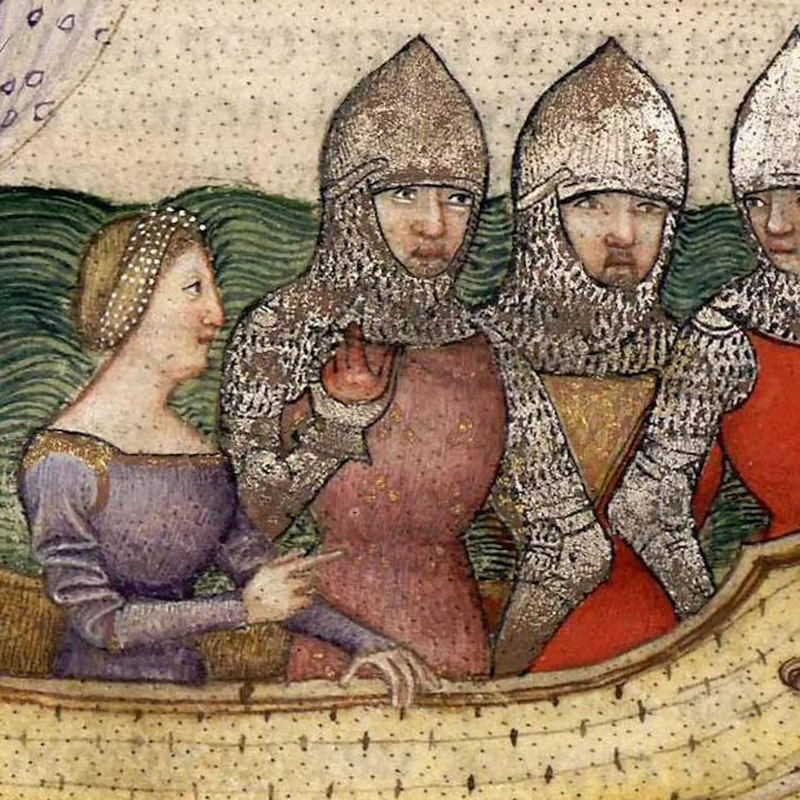 A medieval woman in a boat with soldiers.
