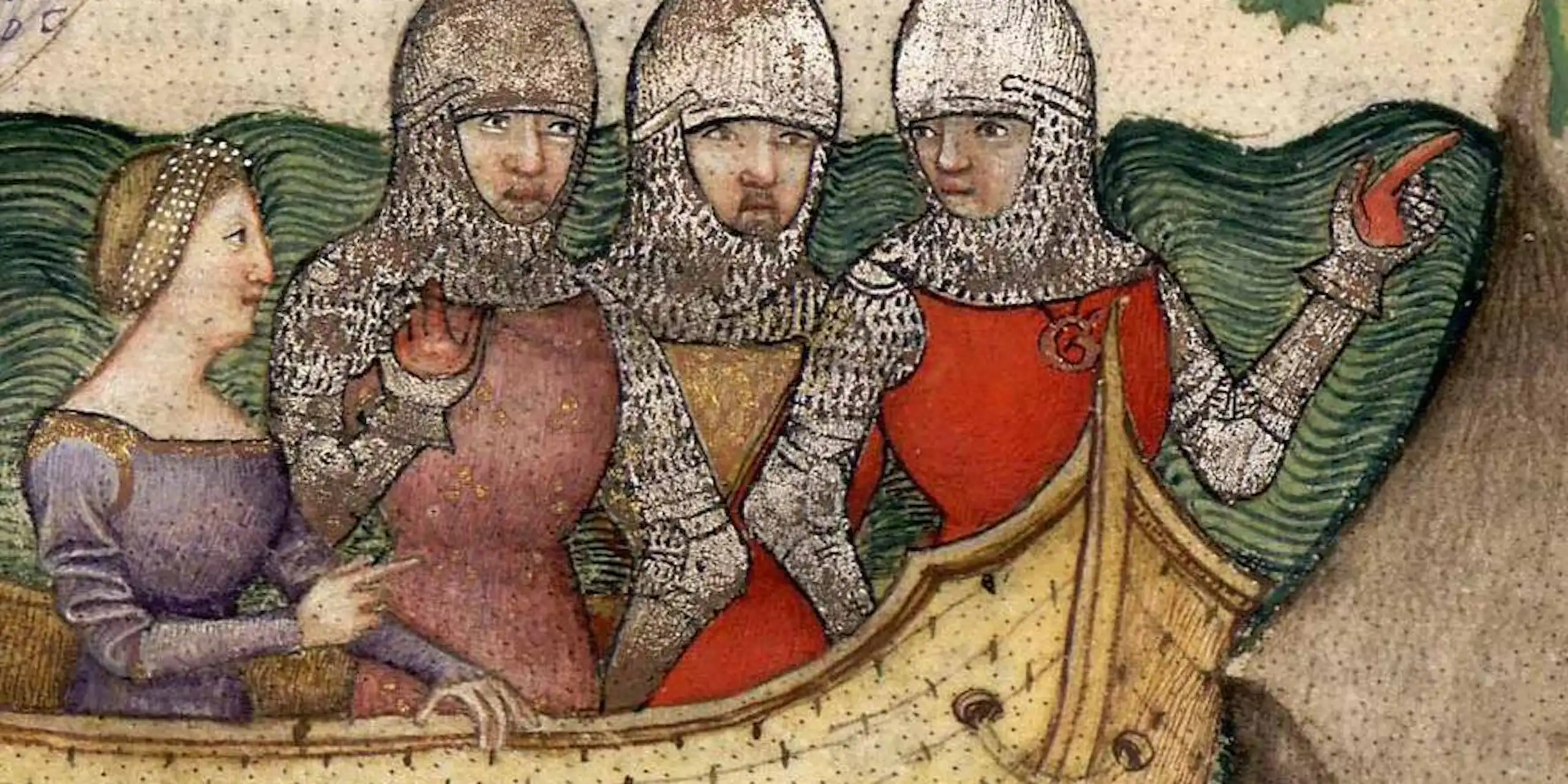 A medieval woman in a boat with soldiers.