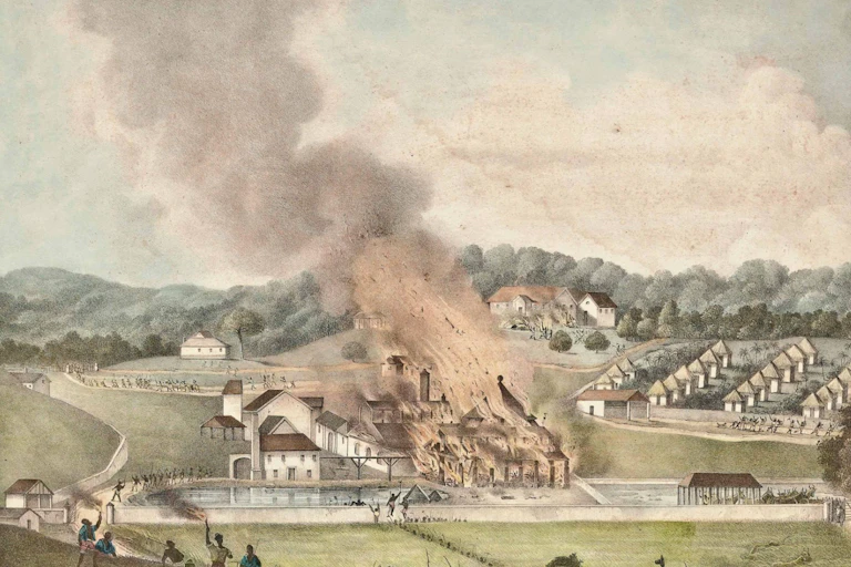 Painting of structures on fire as onlookers celebrate.