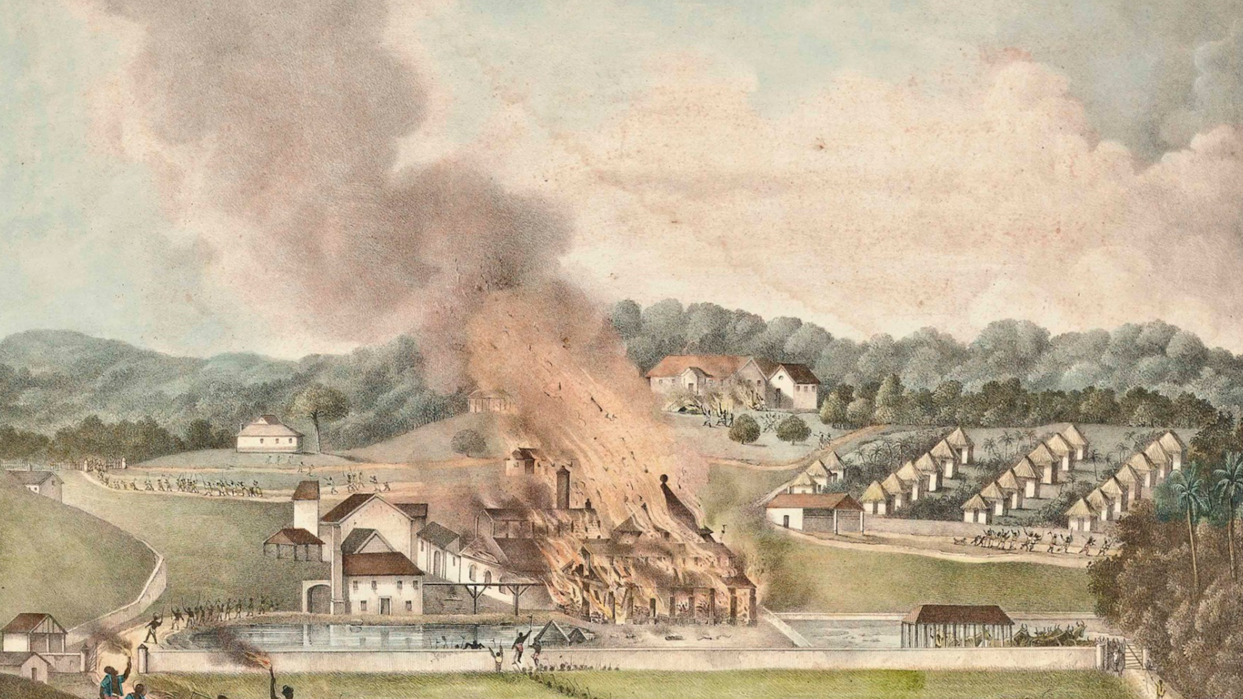 Painting of structures on fire as onlookers celebrate.