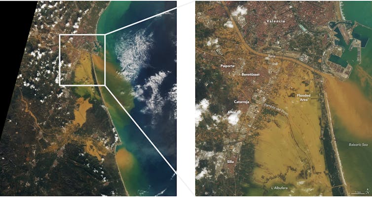 Imágenes de satélite que muestran las áreas afectadas por la inundación torrencial causada por la DANA de finales de octubre en Valencia