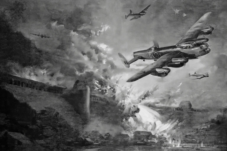 Painting of Lancaster bombers on the Dambusters' raid.