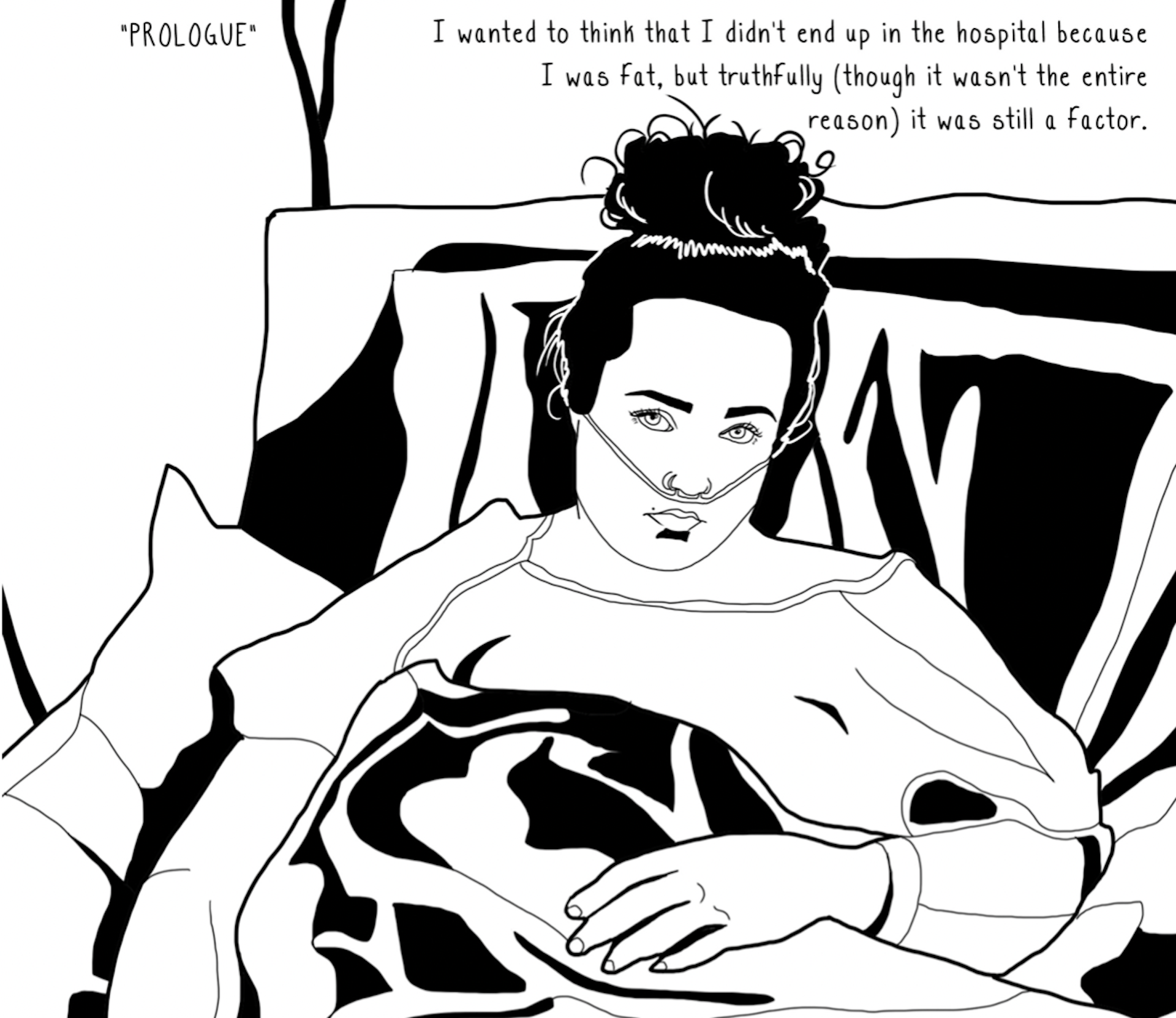 A woman lying in a hospital bed in a page from the graphic novel.