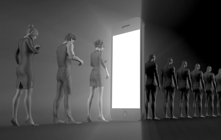 Graphic of a line of people staring at their phones, walking through a portal that looks like a smartphone screen and emerging from the other side as zombies.