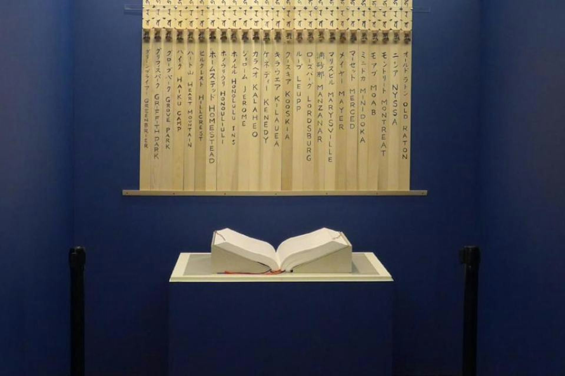 A book sits open on a flat surface, with banners hung behind it.