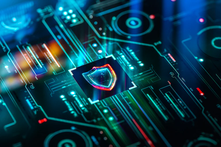 Digital security and privacy background. Cyber and crypto security shield on futuristic screen technology background.