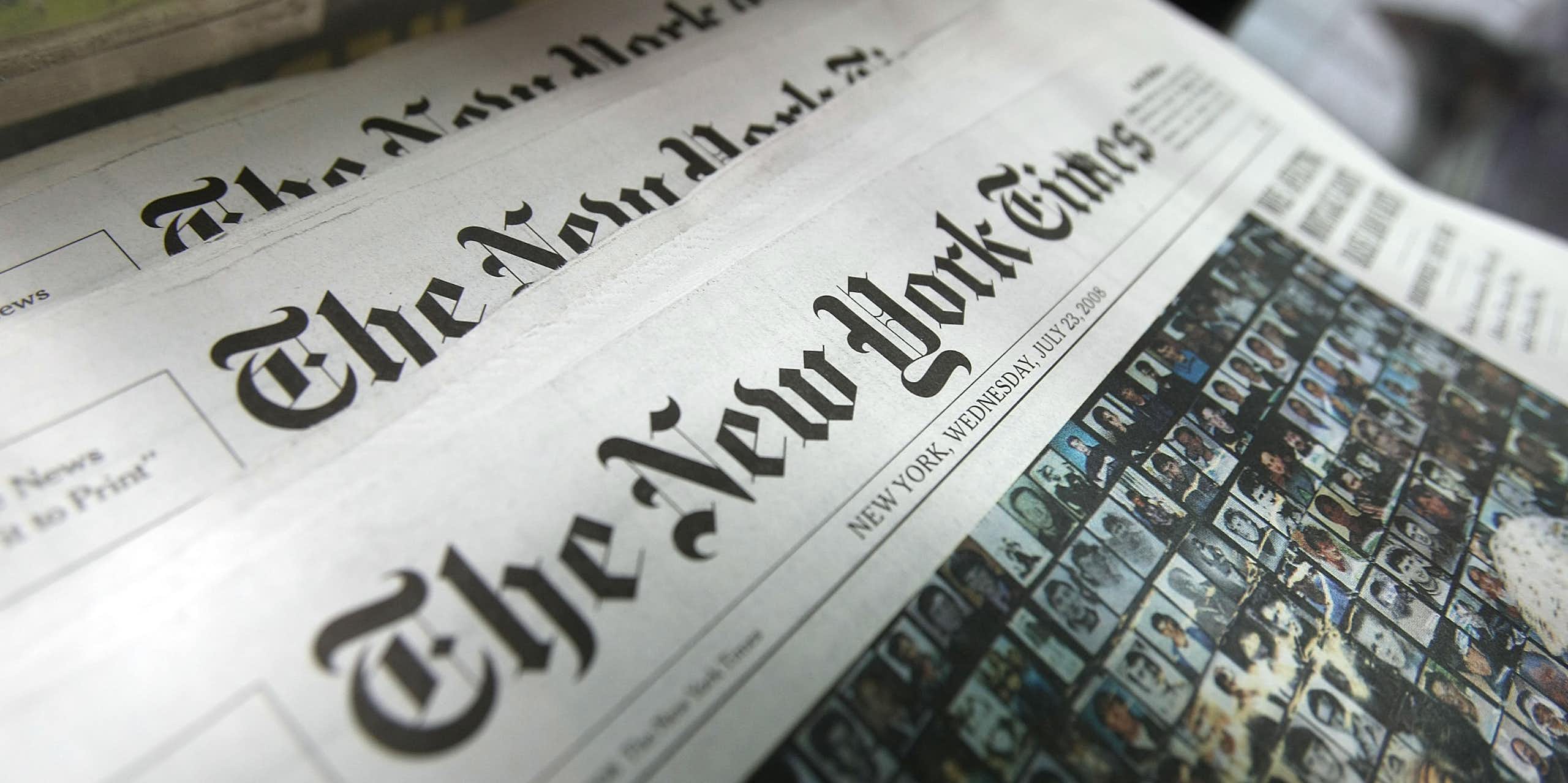 Copies of the New York Times sit for sale in a rack in New York City.
