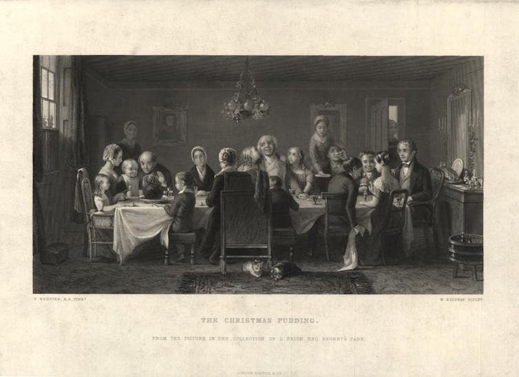 Etching of a family dinner.