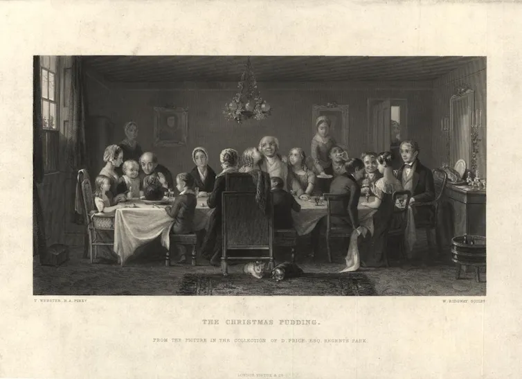 Etching of a family dinner.