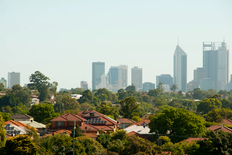 Suburban houses in Perth with Perth skyline