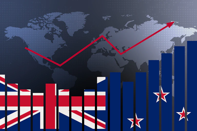 Superimposed image of graph bars coloured like the NZ flag, against a world map backdrop